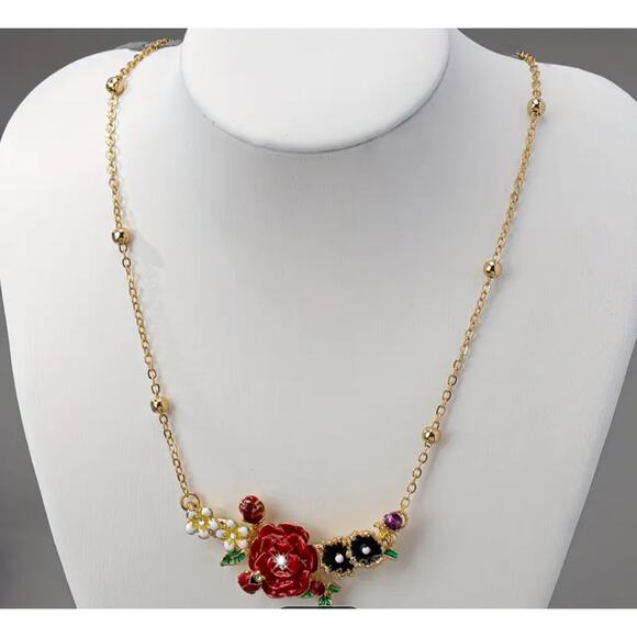 Cluster of Enamel Painted Flowers on Bar Necklace Gold Dotted Chain Collar NWT - Picture 2 of 3